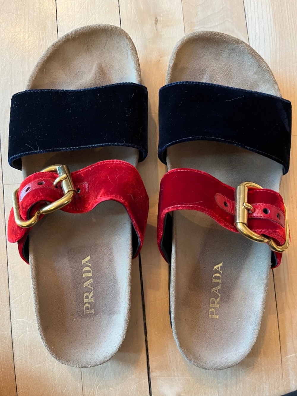 Women's Velvet Gold Buckle Slide Sandals Navy and Red Size 40